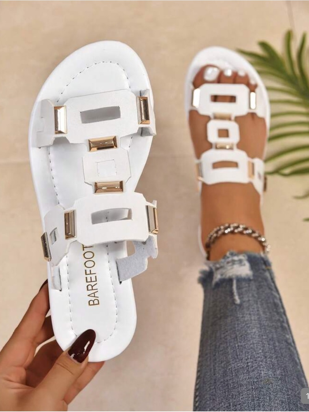 White Slide Sandals with Gold Accents